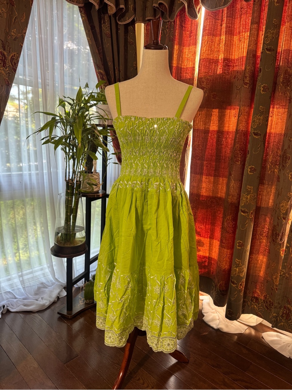 Green Smocked Sundress with Embroidered Hem - Women’s Dress